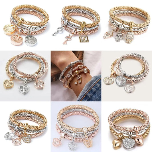 3-Color Women’s Elastic Heart Pendant Bracelet Set – Fashion Corn Chain Jewelry for Date, Travel, Party & Festival Gifts