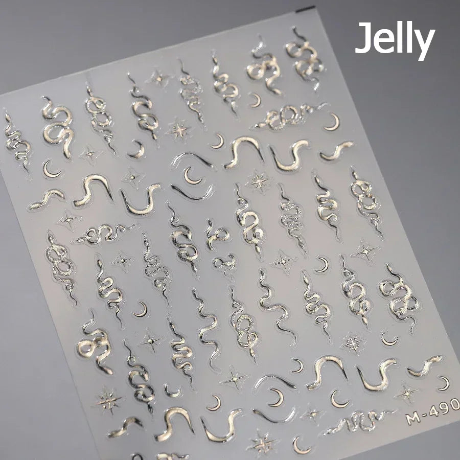 5D Gold Stamped Nail Art Stickers - Silver Sun Stars Snake Chinese Style Self-Adhesive Manicure Decals