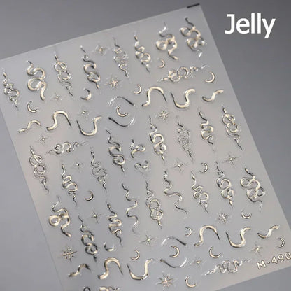 5D Gold Stamped Nail Art Stickers - Silver Sun Stars Snake Chinese Style Self-Adhesive Manicure Decals