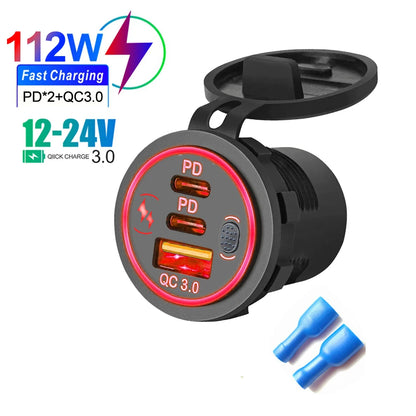 78W Dual USB C Car Charger Socket - PD3.0 & QC3.0 Fast Charging Adapter with LED Touch Switch for 12V/24V Vehicles