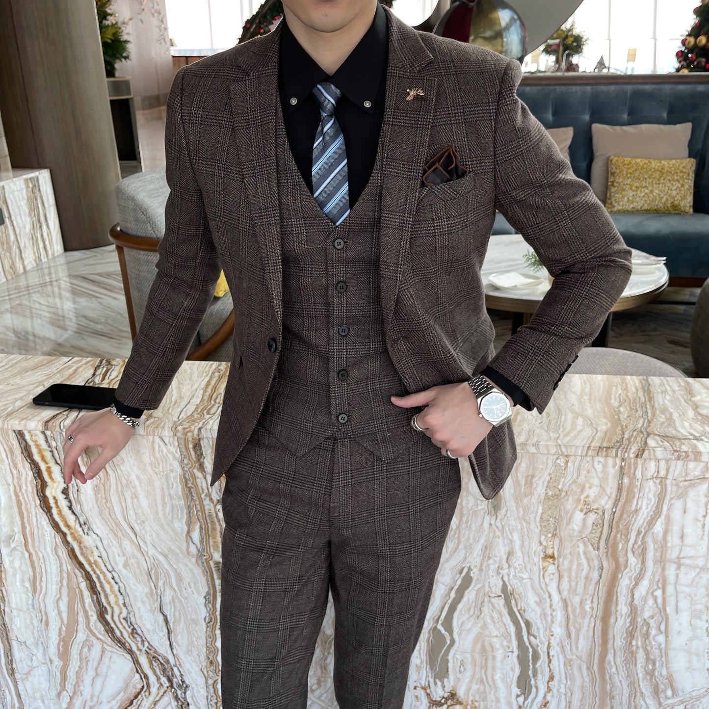 Men’s British Korean Plaid Three-Piece Suit – Stylish Business Casual Set with Blazer, Vest & Trousers