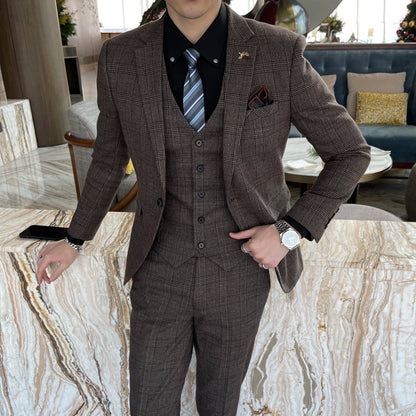 Men’s British Korean Plaid Three-Piece Suit – Stylish Business Casual Set with Blazer, Vest & Trousers