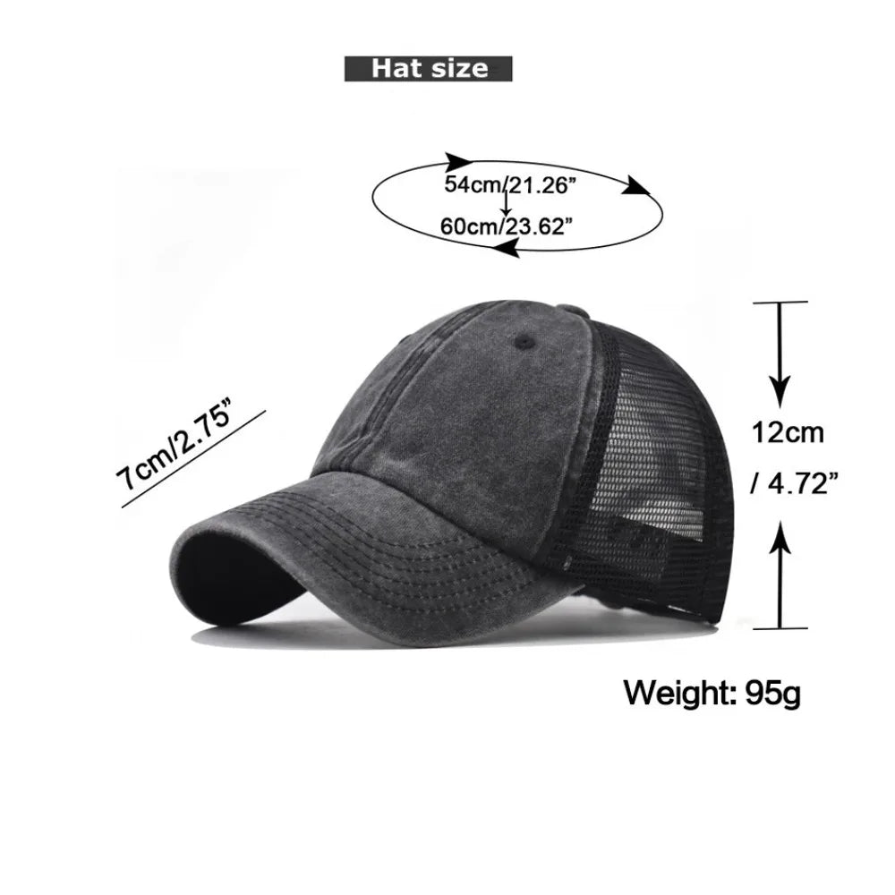 Vintage Washed Cotton Cap - Denim Mesh Baseball Hat with UV Protection for Women