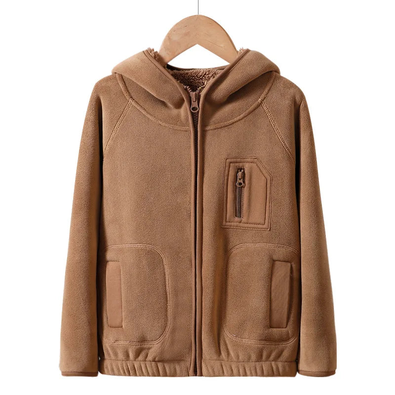Kids Hooded Winter Jacket - Thick Velvet Warm Windproof Zipper Coat for Boys & Girls