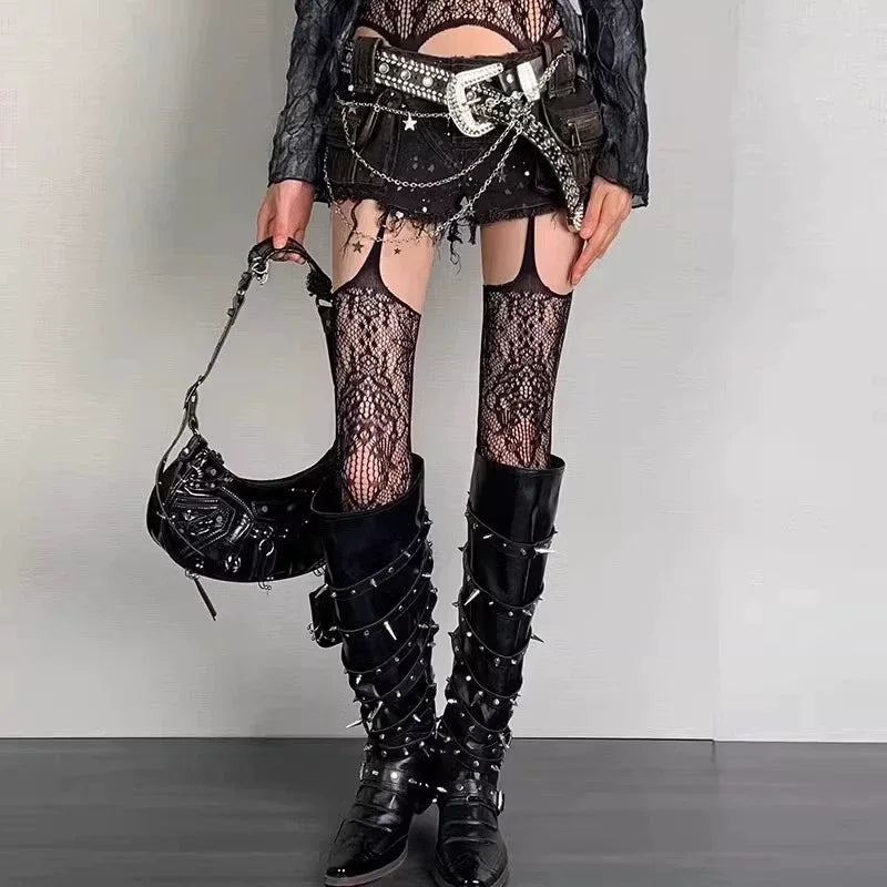 Lolita Punk Style Floral Thigh High Tights for Women, Sheer Colorful Fishnet Suspender Stockings with Garter Belt Pantyhose