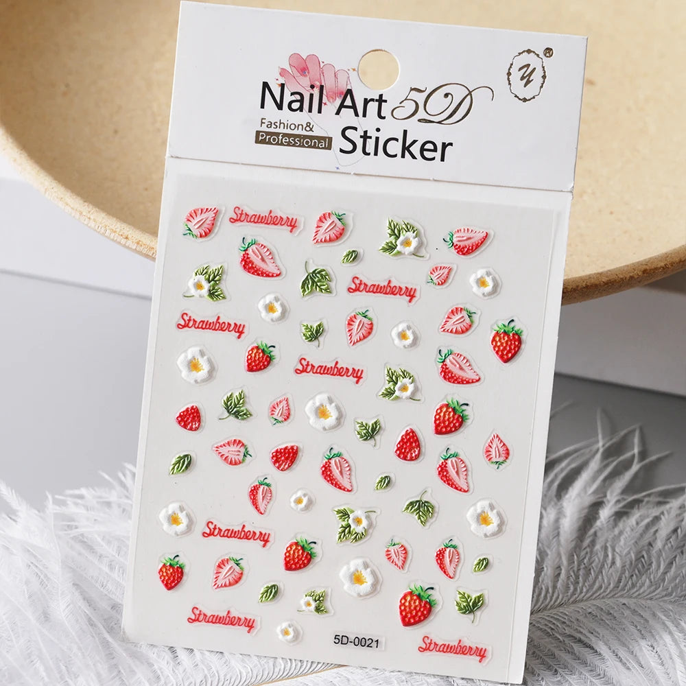 5D Macaron Nail Stickers - Embossed Flower, Fruit, Bear & Rabbit Charms for Summer DIY Manicure Decoration