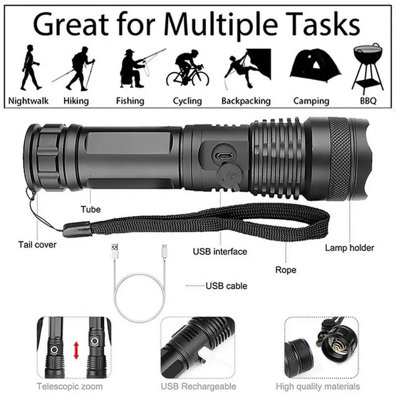 High Power XHP100 LED Flashlight - Rechargeable 4-Core Torch with Zoom, USB Hand Lantern for Camping, Outdoor and Emergency Use