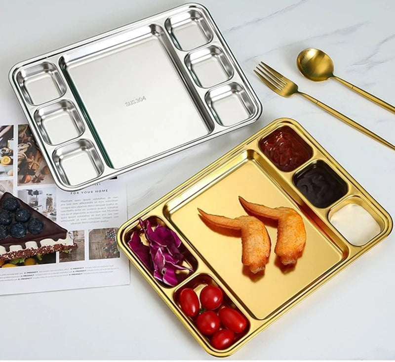 Gold Stainless Steel Divided Dining Plate – Compartment Food Serving Tray Kitchen Tableware