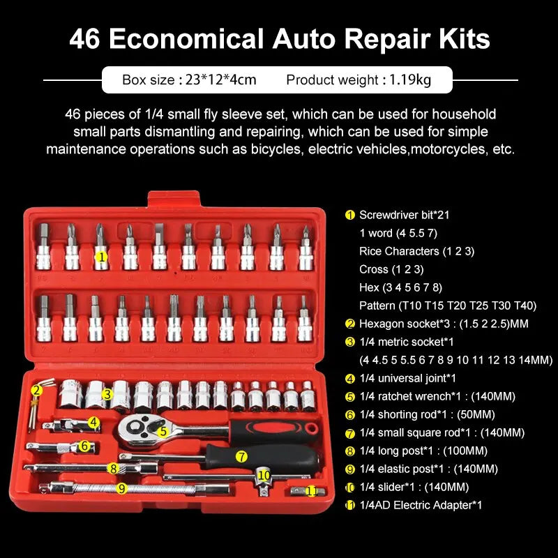 46-Piece Car Repair Tool Kit – 1/4 Inch Socket Set with Ratchet, Torque Wrench & Pry Tools for Auto Maintenance