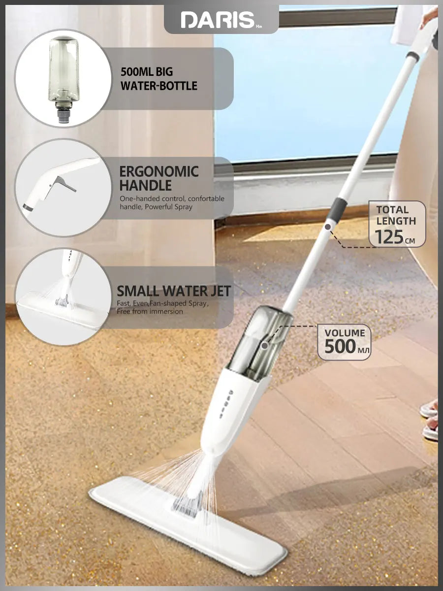 DARIS 360° Spray Flat Mop — Reusable Microfiber Pads with 500ML Large Capacity Square Triangle Bottle