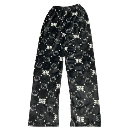 Kawaii Hello Kitty Flannel Pajama Pants – Warm Woolen Anime Trousers for Women, Cute Autumn Loungewear Gift