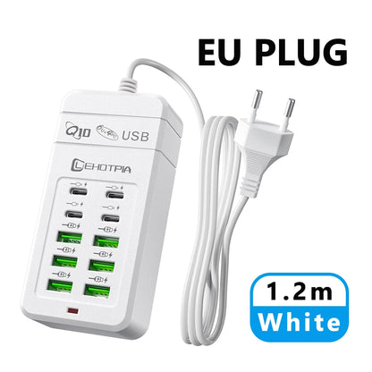 Multi-Port USB Fast Charger - EU UK US Plug 10-Port Power Adapter with 6 USB-A & 4 USB-C Ports Cable