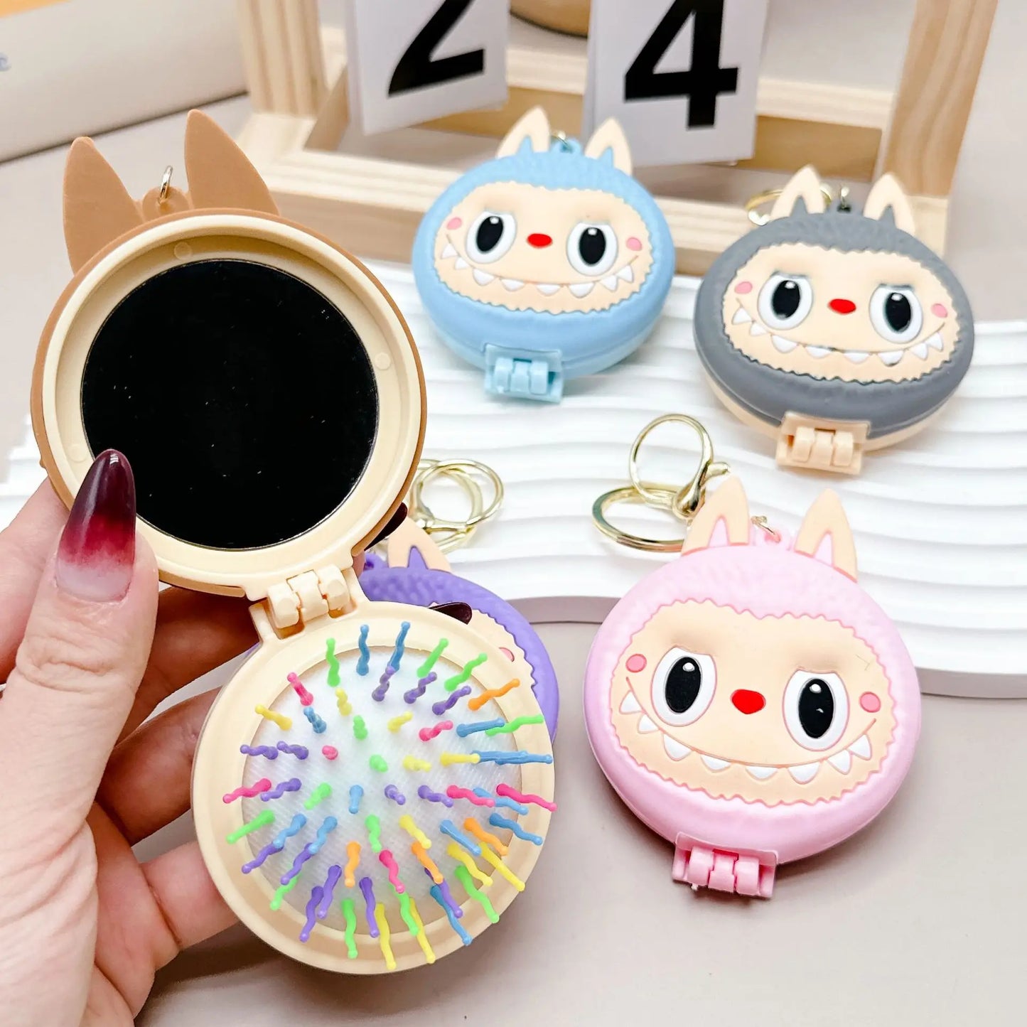 Kawaii Labubu Monsters Zimomo Mococo Comb Mirror Keychain – Cute Portable Air Cushion Comb Gift for Girls