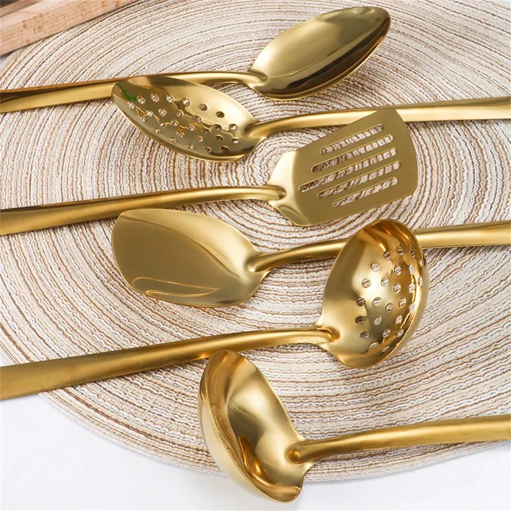 6PCS Hot Pot Cutlery Set – Stainless Steel Golden Spoons & Strainer Kitchenware