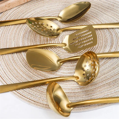 6PCS Hot Pot Cutlery Set – Stainless Steel Golden Spoons & Strainer Kitchenware