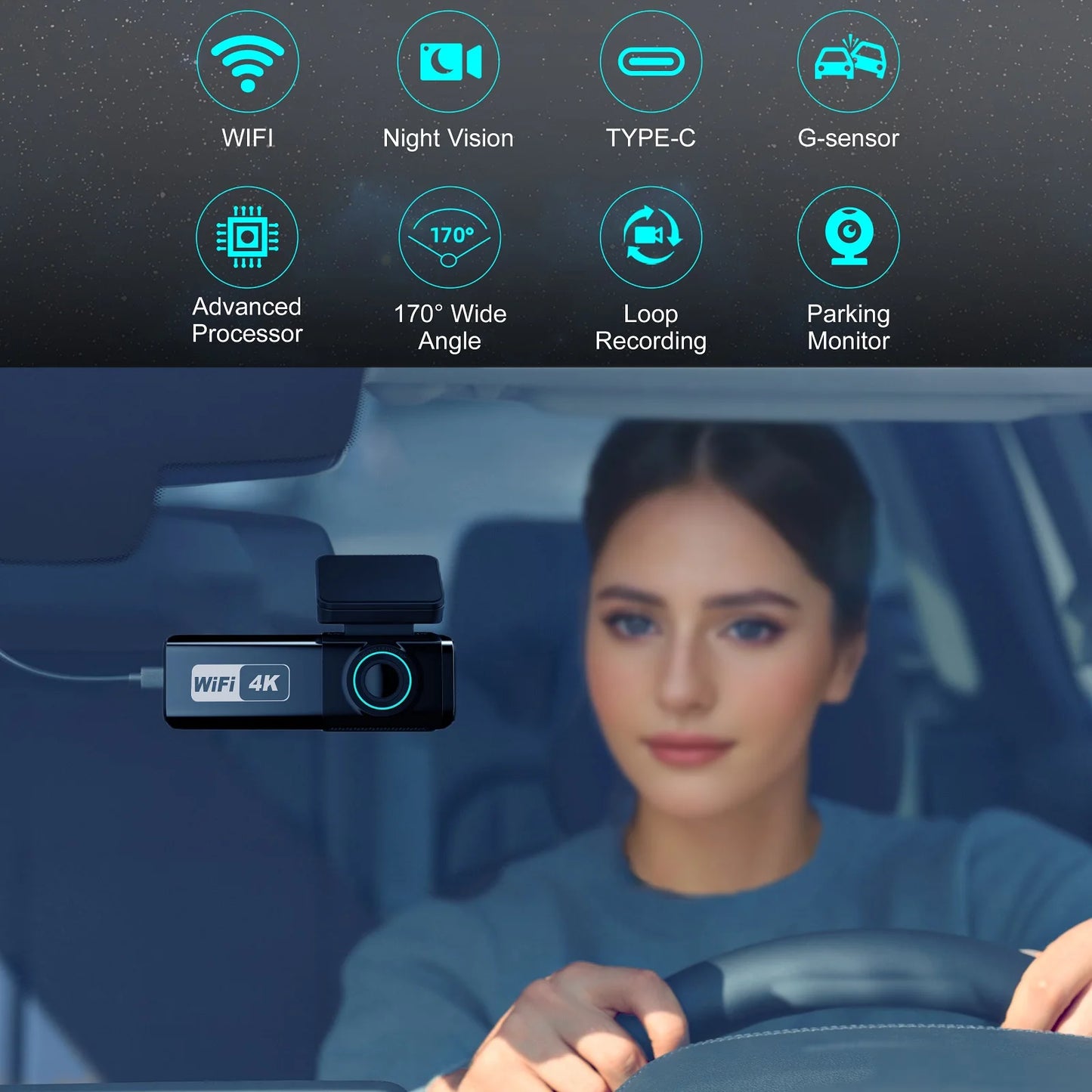 Aprilboy 4K WiFi Dash Cam 2160P – Dual Lens Front & Rear Car DVR, Night Vision, G-Sensor, 24H Parking Monitor