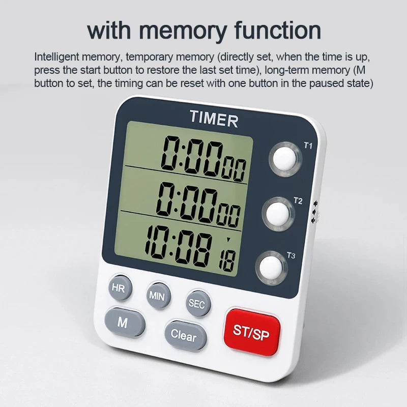 3 Channel Digital Kitchen Timer – Count Up/Down with LCD Display, Adjustable Volume & Mute Flashing Alarm