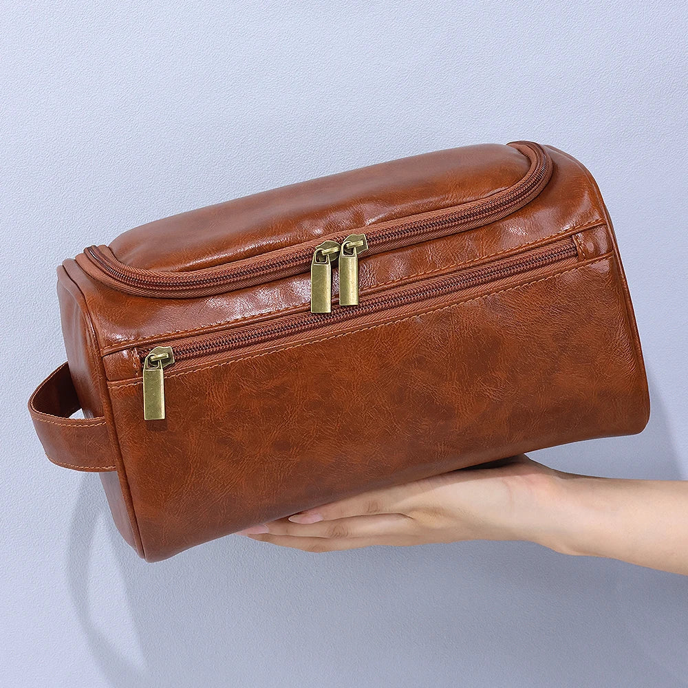 Men’s PU Leather Vintage Luxury Toiletry Bag – Travel Hanging Cosmetic Makeup Organizer Case, Business Wash Bag Storage Pouch