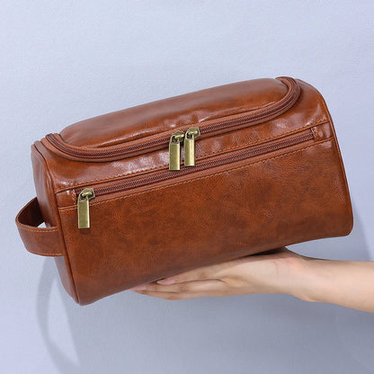 Men’s PU Leather Vintage Luxury Toiletry Bag – Travel Hanging Cosmetic Makeup Organizer Case, Business Wash Bag Storage Pouch