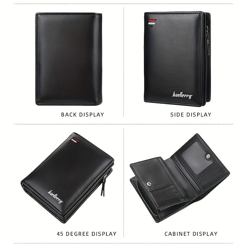 Men’s PU Leather Short Wallet – Vintage Zipper Coin Pocket, Large Capacity Money & Card Holder