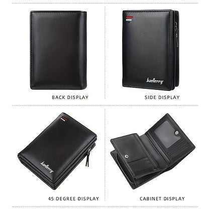 Men’s PU Leather Short Wallet – Vintage Zipper Coin Pocket, Large Capacity Money & Card Holder