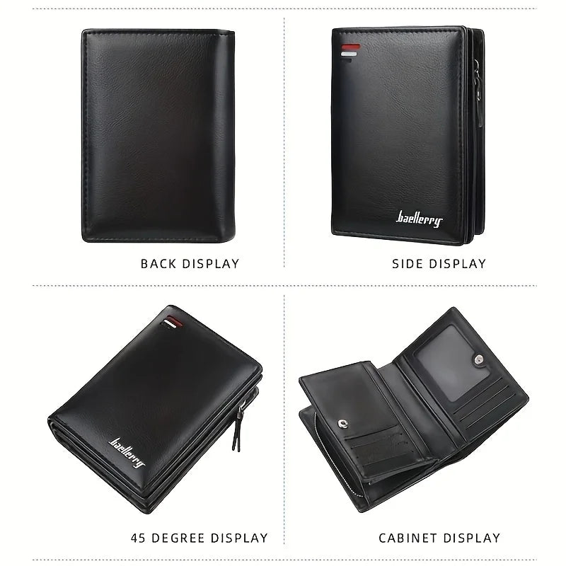 Men’s PU Leather Short Wallet – Vintage Zipper Coin Pocket, Large Capacity Money & Card Holder