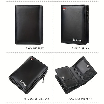 Men’s PU Leather Short Wallet – Vintage Zipper Coin Pocket, Large Capacity Money & Card Holder