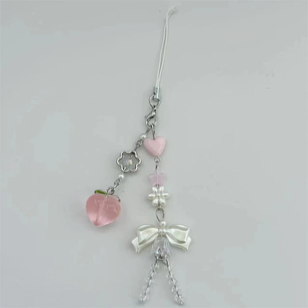 Pink Peach Phone Charm - Cute Bowknot Beaded Handmade Pendant Keychain for iPhone Camera Chain & Sweet Accessories