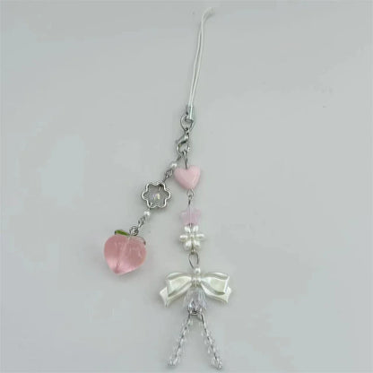 Pink Peach Phone Charm - Cute Bowknot Beaded Handmade Pendant Keychain for iPhone Camera Chain & Sweet Accessories