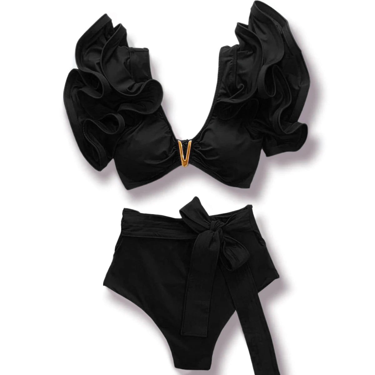 Sporlike V-Neck Ruffled Bikini Set – High Waist Sexy Printed Two-Piece Swimsuit for Women 2025
