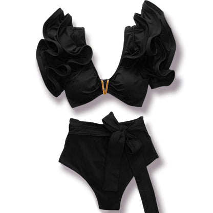 Sporlike V-Neck Ruffled Bikini Set – High Waist Sexy Printed Two-Piece Swimsuit for Women 2025