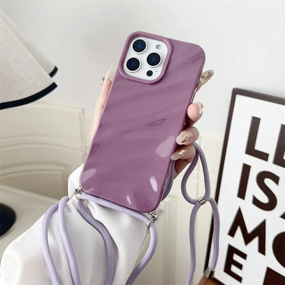 Glossy Wave Ripple Crossbody Lanyard Phone Case for iPhone 17/16/15 Pro Max Air 14 13 12 11 XR X 8 7 - Soft Silicone Protective Cover with Strap