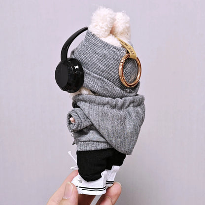 Labubu 15cm/17cm Universal Hoodie Set – Gray Trendy Outfit with Camera, Glasses, Headphones & Canvas Shoes (Series 1-3 Compatible)