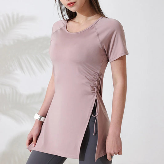 Women’s Short Sleeve Yoga Workout Top – Breathable Gym Fitness Shirt with Side Drawstring Split Hem Sportswear for Training & Running