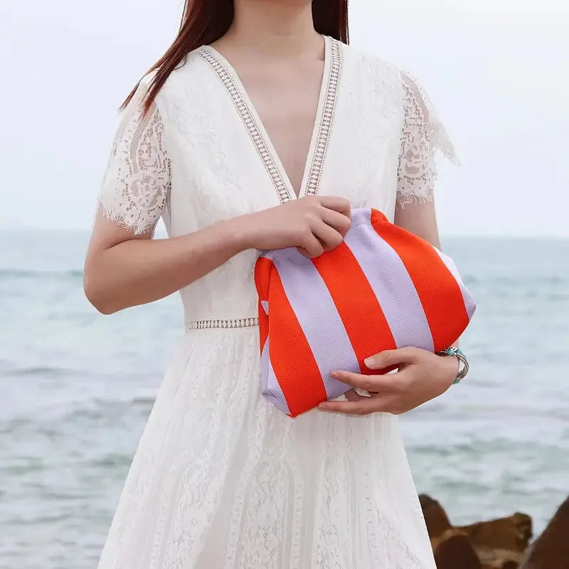 Summer Woven Crochet Clutch Bag – Women’s Cute Ruched Cloud Handbag, Casual Colorblock Purse