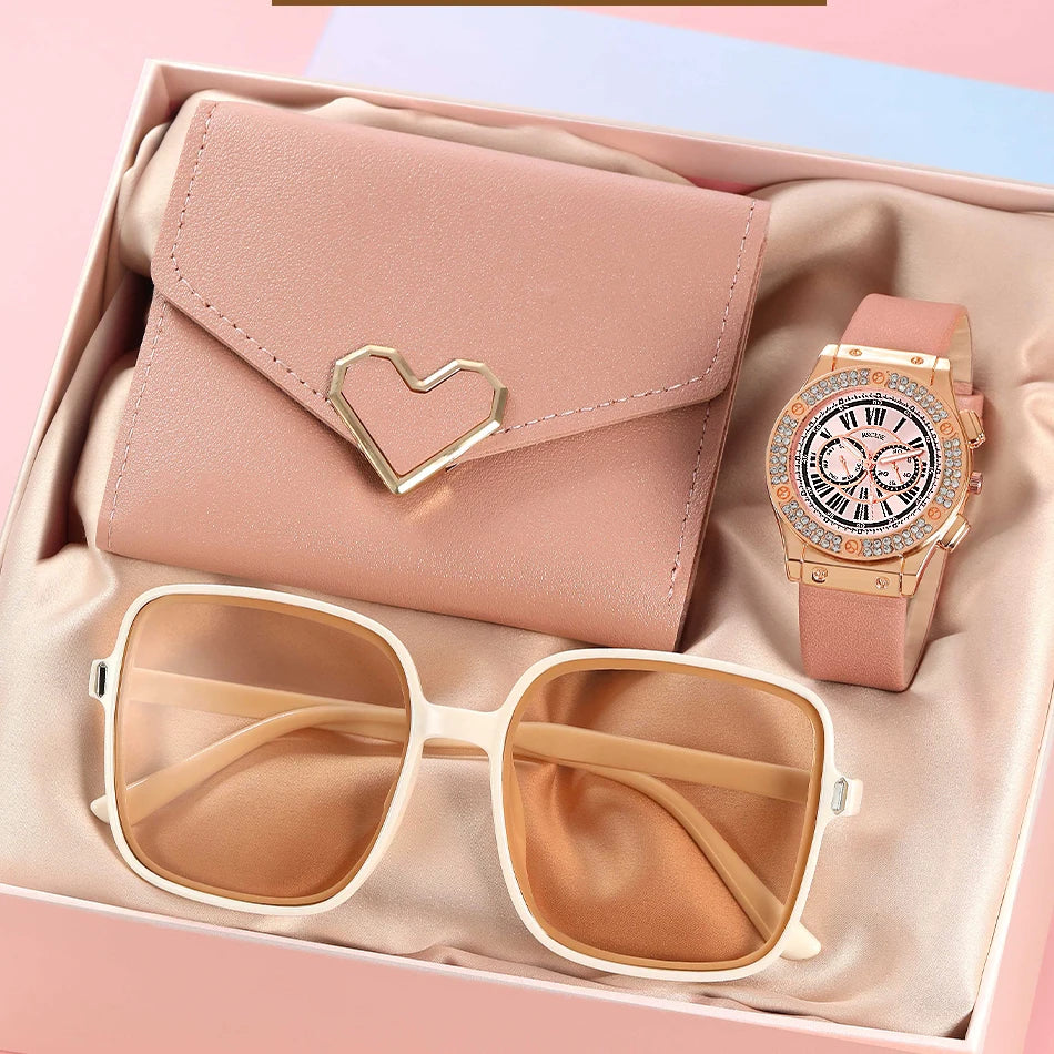 3PCS Women’s Casual Leather Watch Set – Quartz Wristwatch, Heart Bow Wallet, Glasses & Sunglasses Clock Montre Femme