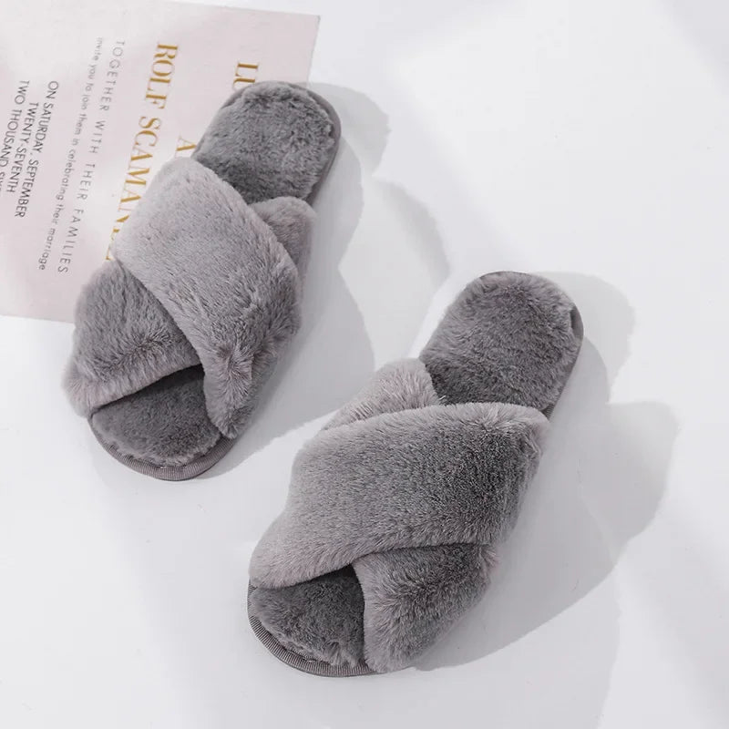 Winter Women’s House Slippers – Faux Fur Slip-On Flats, Cozy Warm Home Slides in Black & Pink