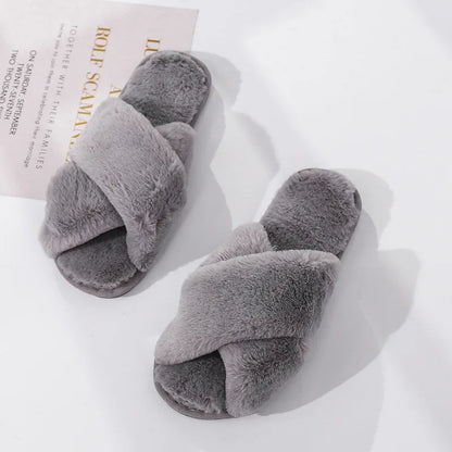 Winter Women’s House Slippers – Faux Fur Slip-On Flats, Cozy Warm Home Slides in Black & Pink