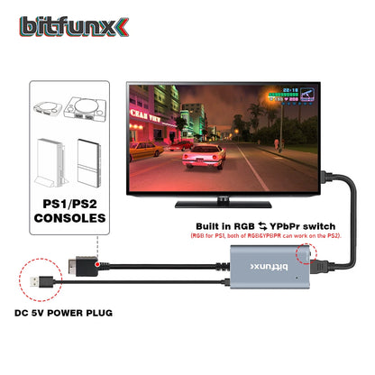 Bitfunx PS2 to HDMI Converter – RGB to YPbPr Switch Adapter for PS1 & PS2 PlayStation Game Consoles