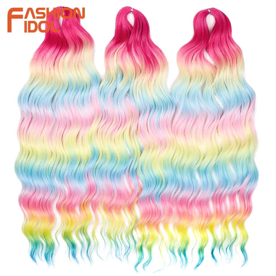 FASHION IDOL 24" Deep Wave Crochet Hair - 3-Piece Synthetic Water Wave Braiding Extensions, Ombre Rainbow Twist Hair