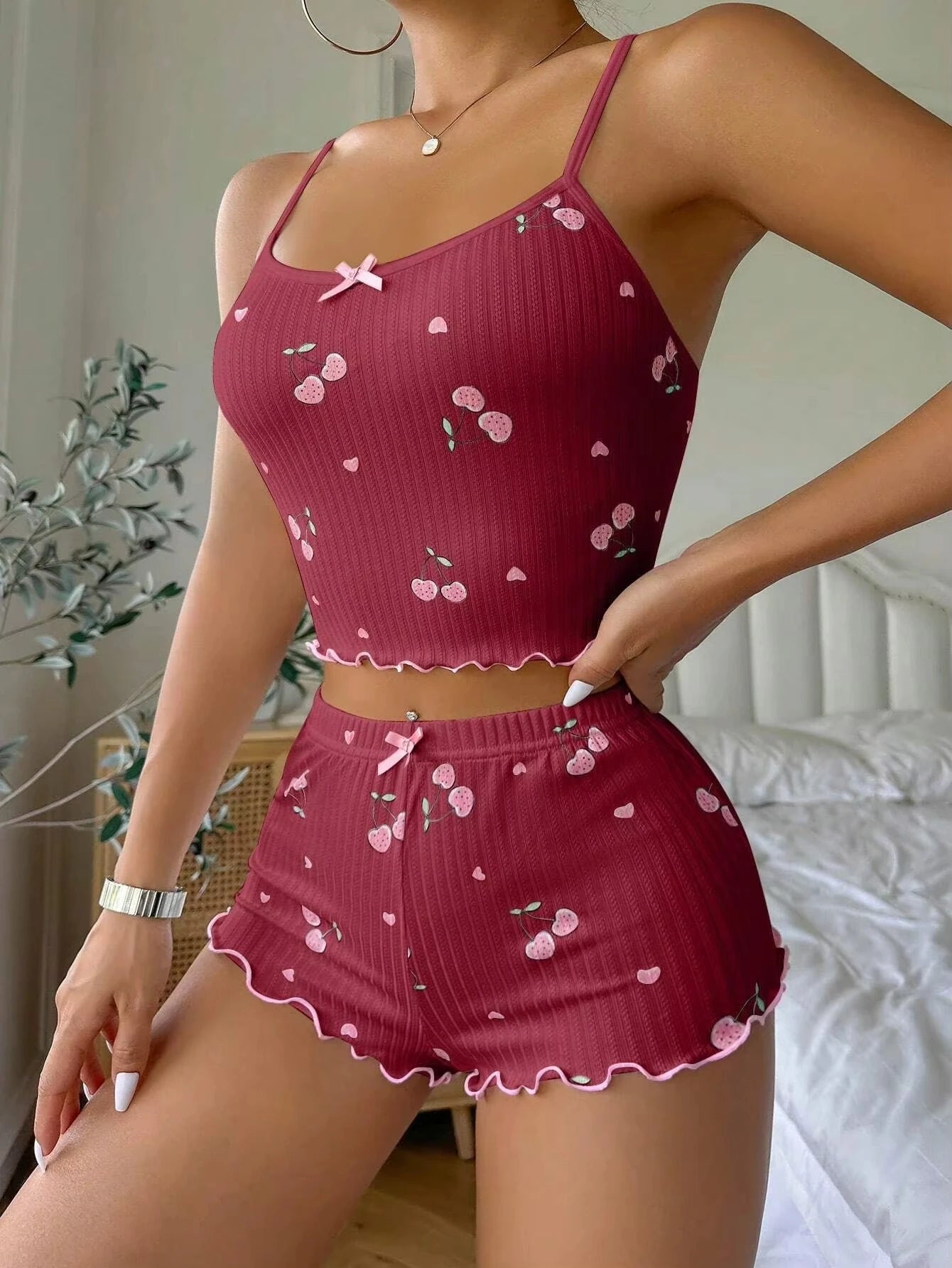 Women’s Summer Pajama Set - Heart Print Ribbed Cami Top & Shorts Nightwear with Bow Detail and Backless Design