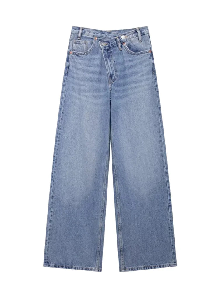TRAF Women’s Basic Hundred Jeans — High Waist Asymmetric Wide-Leg Trousers, Casual Straight-Leg Fashion Jeans