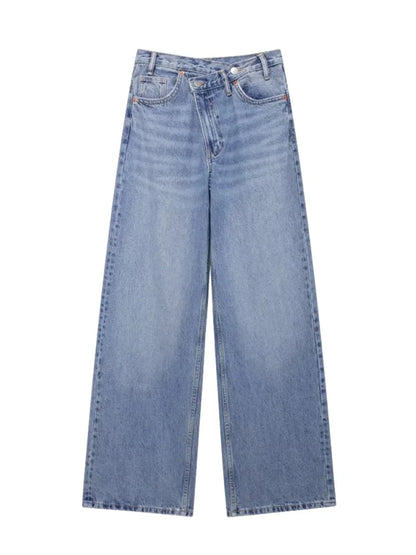 TRAF Women’s Basic Hundred Jeans — High Waist Asymmetric Wide-Leg Trousers, Casual Straight-Leg Fashion Jeans
