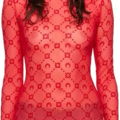 Women’s Mesh Long Sleeve Top - Hollow Out Retro T-Shirt with Mushroom Edge High Street Fashion Design