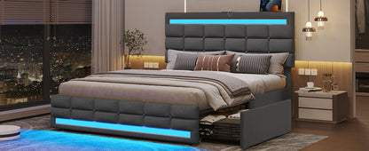 LED Full Size Bed Frame – Upholstered Platform Bed with LED Headboard & Footboard, Square Stitched Tufted Design