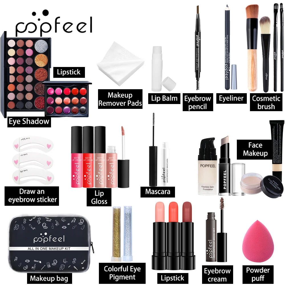All-in-One Makeup Kit for Women & Teens – Complete Gift Set with Eyeshadow, Foundation, Primer, Brushes & Nude Lip Gloss