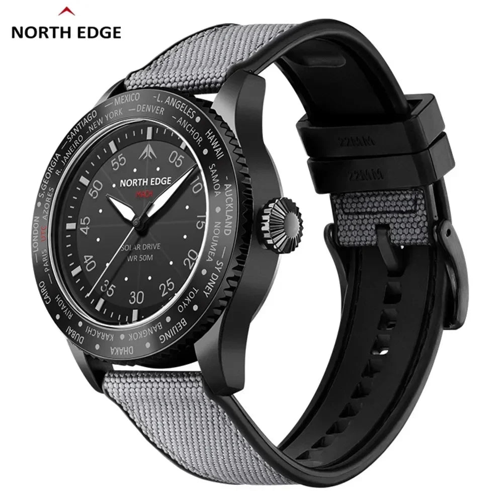 NORTH EDGE MACH 2024 Solar Powered Men's Watch – Dual Time Zone Waterproof Pilot Watch with TPR Nylon Strap