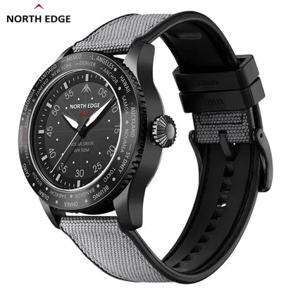 NORTH EDGE MACH 2024 Solar Powered Men's Watch – Dual Time Zone Waterproof Pilot Watch with TPR Nylon Strap