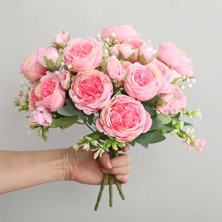 30cm Rose Pink Peony Silk Bouquet Artificial Flower, 5 Big Heads & 4 Small Buds for Wedding & Home Decor