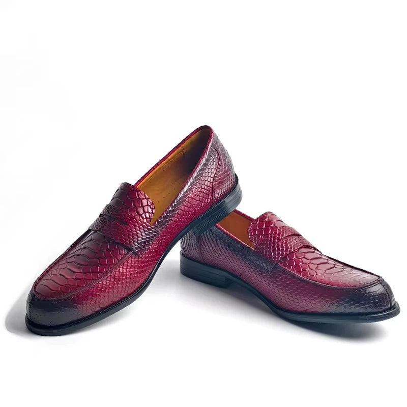 Men’s Genuine Leather Snake Print Penny Loafers - Handcrafted Slip-On Driving, Business & Formal Shoes